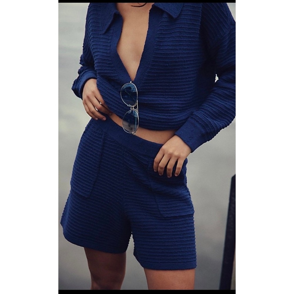 Free People FP Beach Navy Blue Knit Two Piece Set Sweater and Shorts Small